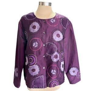 West End Purple Artsy Geometric Boxy Blazer Sz XL Patchwork Circles Embroidery